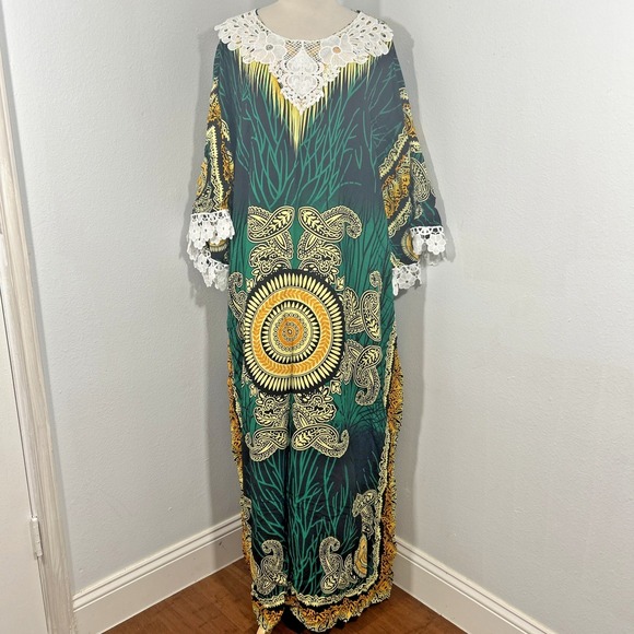 Handmade Kaftan Maxi Dress Womens OS Multi Paisley Rayon Caftan Kimono Beachy - Picture 1 of 15